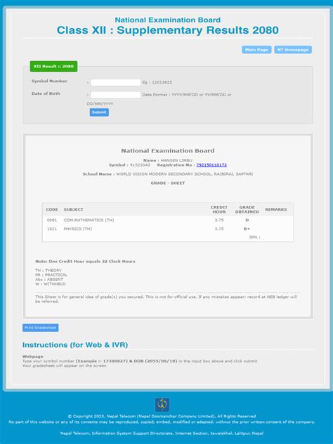 NEPAL TELECOM :: National Examination Board :: Plus 2 Results.